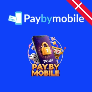 PayByMobile-logoet vises over en telefon med et sikkert låsesymbol, omgivet af terninger og en spilleautomat, hvilket fremhæver en sikker mobilbetalingsløsning til online casinoer.