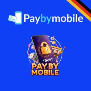 Das PayByMobile-Logo erscheint über einem Handy mit einem sicheren Schloss-Symbol, umgeben von Würfeln und einem Spielautomaten – das hebt die sichere mobile Zahlungsmöglichkeit für Online Casinos hervor.