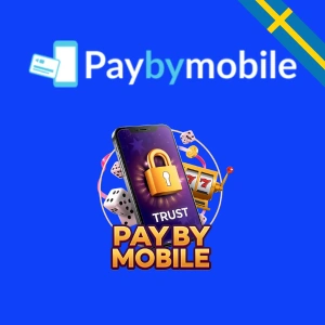 PayByMobile-logotypen syns ovanför en mobiltelefon med en säkerhetslås-symbol, omgiven av tärningar och en spelautomat, vilket framhäver ett säkert mobilbetalningsalternativ för nätcasinon.